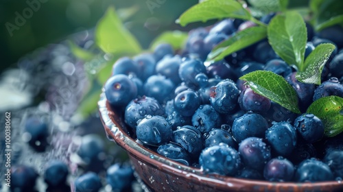 Wallpaper Mural Fresh blueberries glistening with water droplets in a bowl, surrounded by green leaves, showcasing vibrant color and natural appeal. Torontodigital.ca