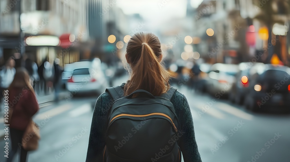 A young woman with a backpack walks down a lively city street, with people and vehicles softly blurred around her. A young woman with a backpack walks down a lively city street, with people and vehicles softly blurred around her.