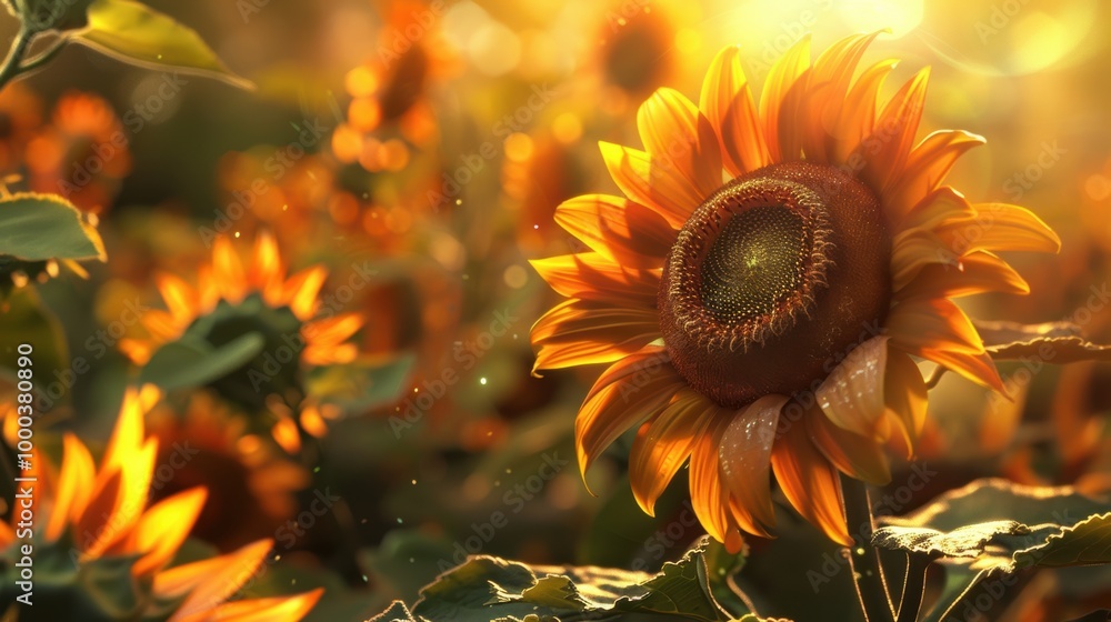 A field of vibrant sunflowers illuminated by golden sunlight, creating a warm and cheerful atmosphere in a natural setting