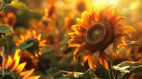 Obraz na płótnie A field of vibrant sunflowers illuminated by golden sunlight, creating a warm and cheerful atmosphere in a natural setting w salonie
