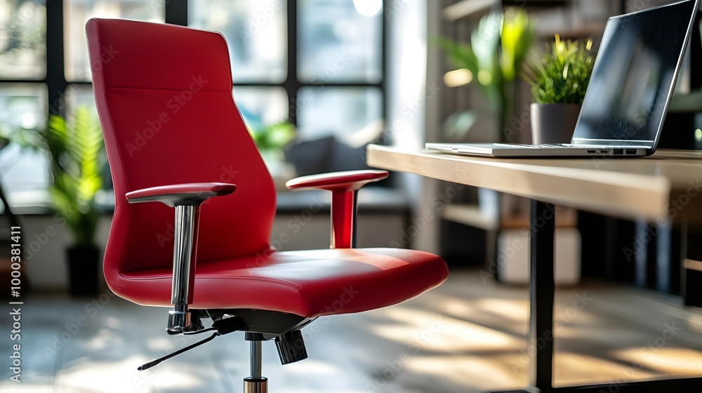 Modern workspace featuring a red office chair and a laptop on a table, ideal for corporate remote work. Modern workspace featuring a red office chair and a laptop on a table, ideal for corporate remote work.