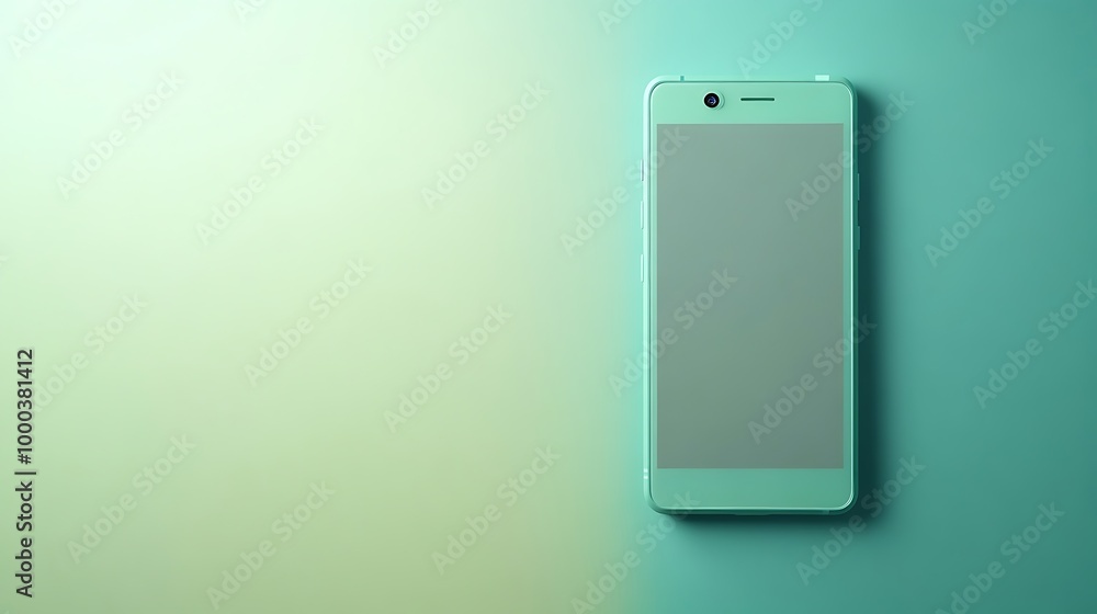 Top view of mint green phone, blank screen on solid color background, empty text area. Top view of mint green phone, blank screen on solid color background, empty text area.