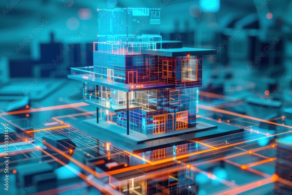 A futuristic digital model of a building, showcasing intricate designs with vibrant neon colors on a technological background
