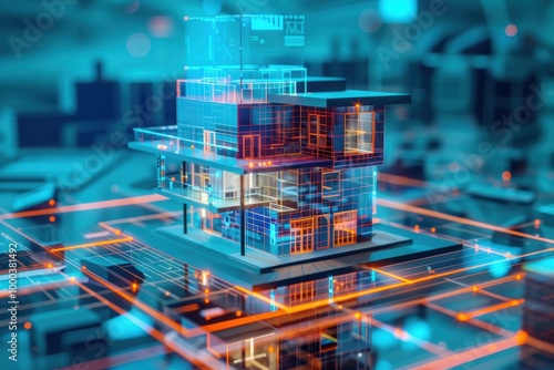 Obraz na płótnie A futuristic digital model of a building, showcasing intricate designs with vibrant neon colors on a technological background w salonie