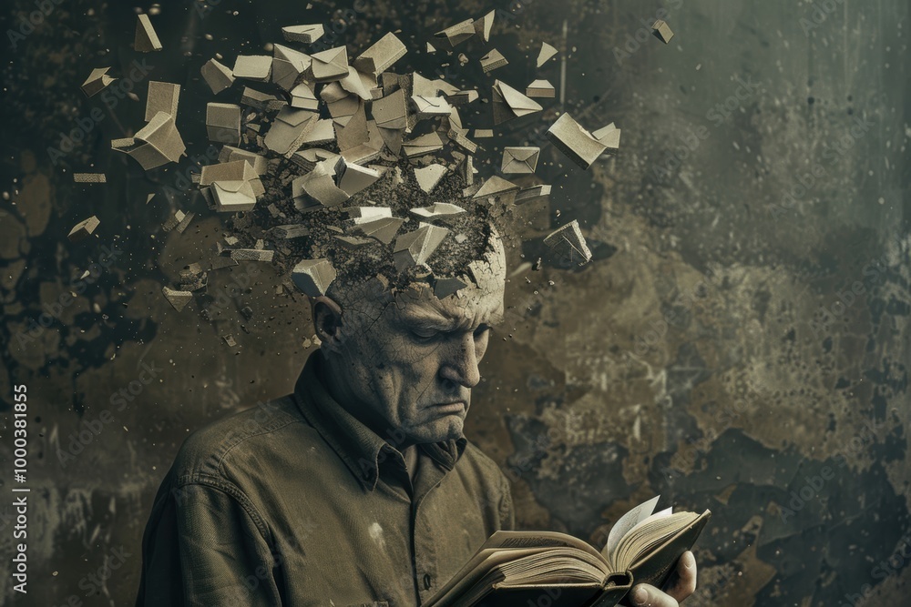 A man reads a book while pieces of paper explode from his head, symbolizing creativity, knowledge, and the impact of literature on the mind