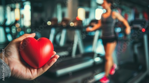 A hand holds a red heart symbol in front of a woman exercising on a treadmill, representing fitness and health awarenes photo