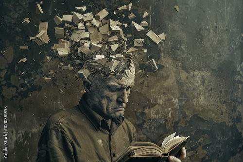 Obraz na płótnie A man reads a book while pieces of paper explode from his head, symbolizing creativity, knowledge, and the impact of literature on the mind w salonie