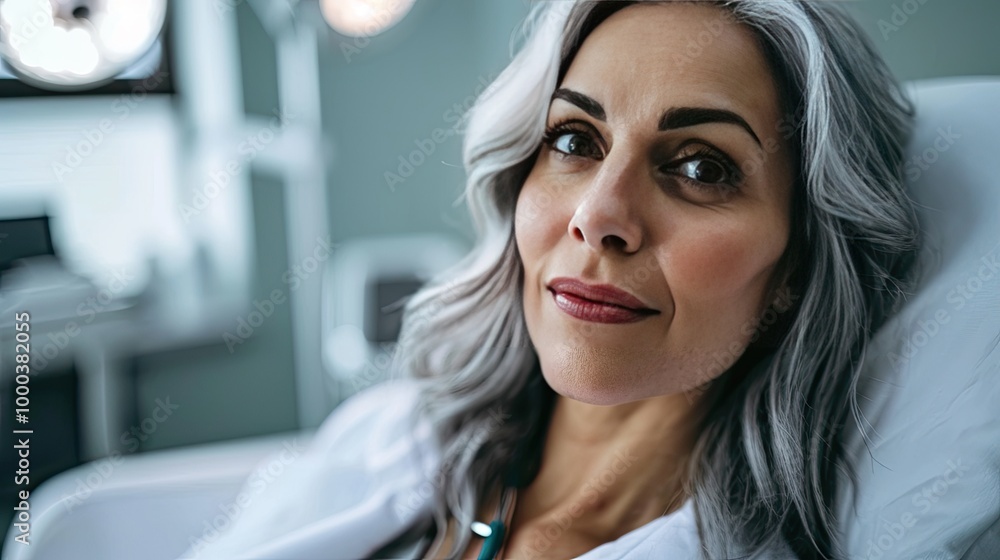 Obraz premium Photo of beautiful woman with grey hair in modern clinic as patient