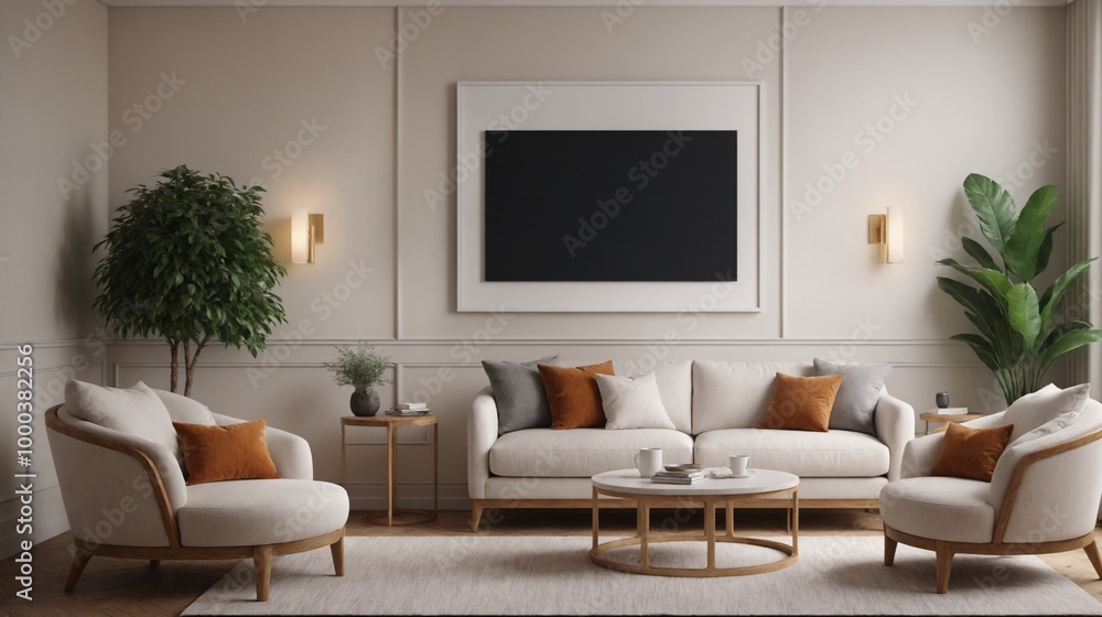 Living room with poster frames on wall 3d illustration, luxury style, 3d render Living room with poster frames on wall 3d illustration, luxury style, 3d render