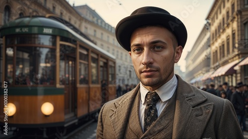 A Man Dressed in a Vintage Suit on a City Street in Front of a City Tram