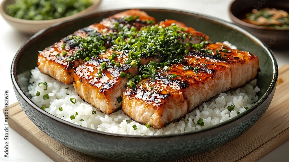Close up of teriyaki glazed salmon with rice and green onions Close up of teriyaki glazed salmon with rice and green onions