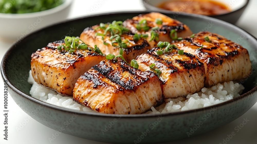 Grilled Salmon with Rice and Green Onions, Close Up Grilled Salmon with Rice and Green Onions, Close Up