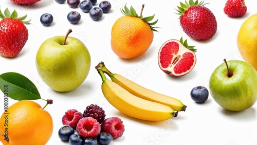 A vibrant arrangement of various fruits on a white background.