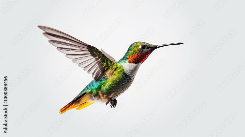 Naklejka premium Hummingbird in Flight Against a White Background