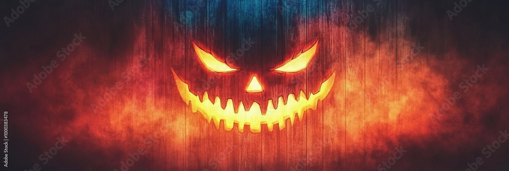 Naklejka premium Spooky Jack-o'-lantern face on a wooden background.