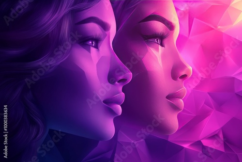 Vibrant digital illustration of twin female faces in purple hues symbolizing duality reflection and femininity through a bold surreal design