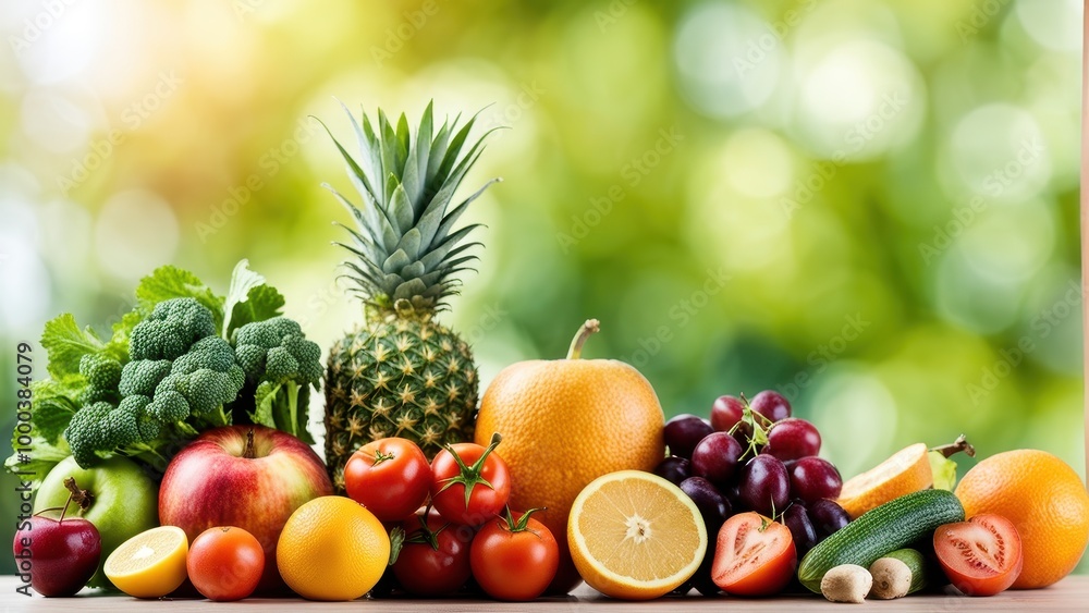 A vibrant assortment of fresh fruits and vegetables arranged with a blurred green background. A vibrant assortment of fresh fruits and vegetables arranged with a blurred green background.