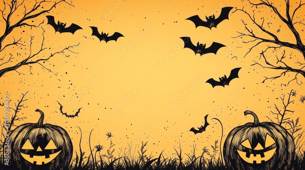 Spooky Halloween background with jack-o'-lanterns and bats. Spooky Halloween background with jack-o'-lanterns and bats.