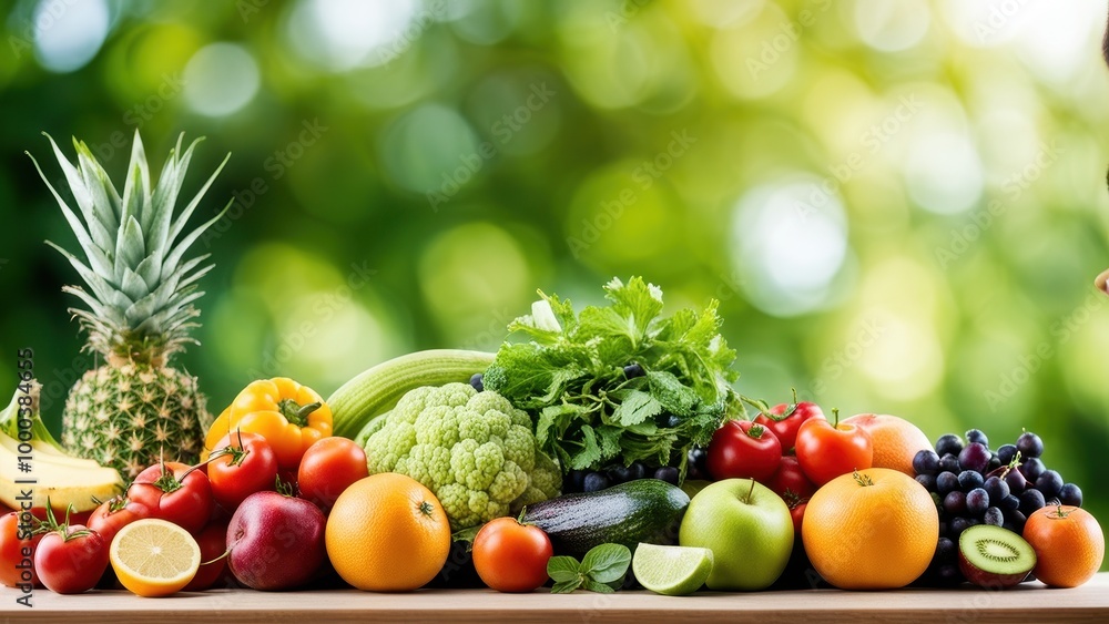 A vibrant assortment of fresh fruits and vegetables on a wooden surface with a blurred background. A vibrant assortment of fresh fruits and vegetables on a wooden surface with a blurred background.