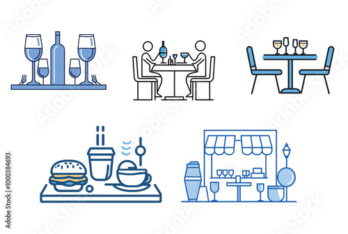 A set of five restaurant-themed illustrations in a minimalist line art style with blue accents. The images feature wine glasses, people dining, a table setup, a burger and coffee, and a cafe