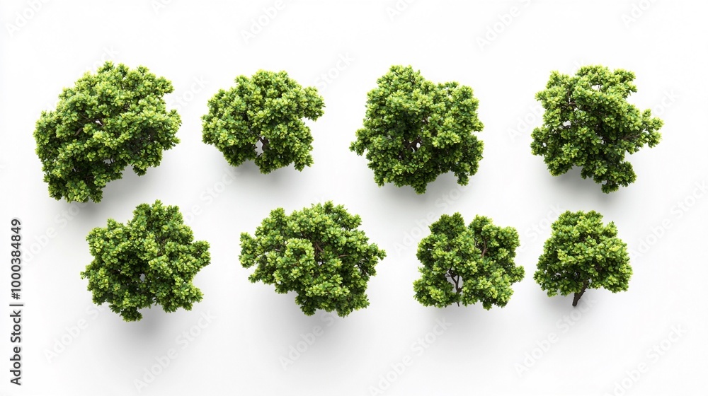 Collection of miniature green trees arranged in rows on a white background, diverse tree species in detailed model format, perfect for design and architectural visualization Collection of miniature green trees arranged in rows on a white background, diverse tree species in detailed model format, perfect for design and architectural visualization