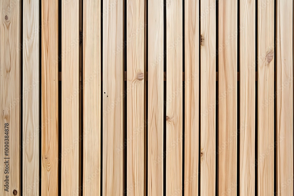Naklejka premium Wall made of wooden panels. Vertical wooden slats for facade cladding. Timber stripes made of beige pine. A modern plank surface for interior and exterior design. 