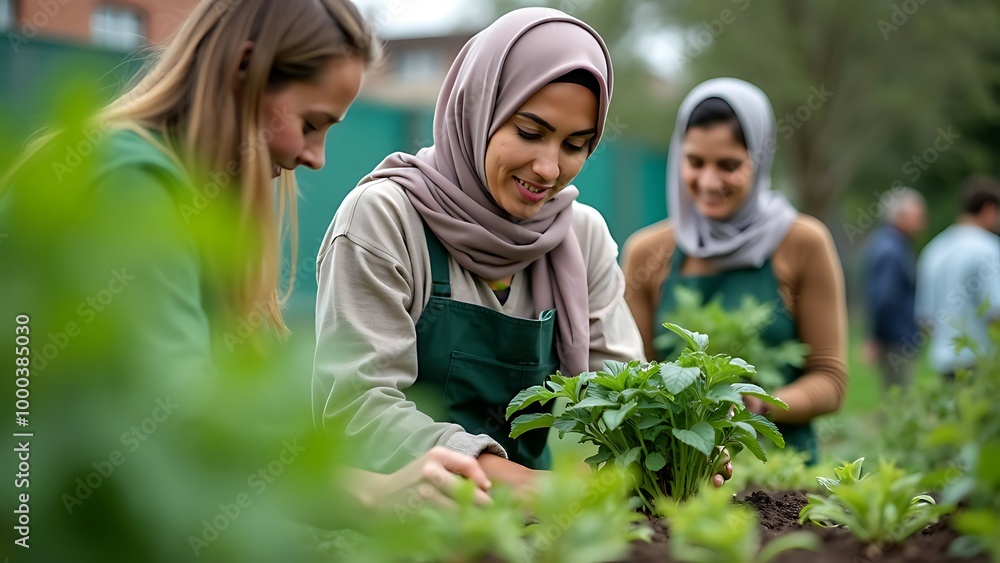 A Muslim woman in a hijab managing an urban community garden, teaching others how to grow their own vegetables and herbs. A Muslim woman in a hijab managing an urban community garden, teaching others how to grow their own vegetables and herbs.
