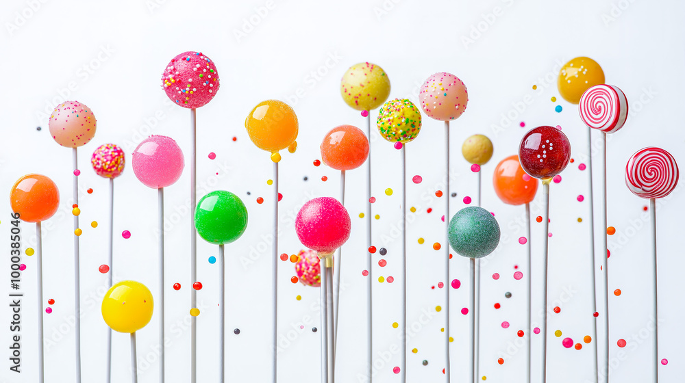 Brightly Colored Lollipops Cascading Downwards in a Fun, Gravity-Defying Arrangement on a Clean White Background for a Joyful Atmosphere Brightly Colored Lollipops Cascading Downwards in a Fun, Gravity-Defying Arrangement on a Clean White Background for a Joyful Atmosphere