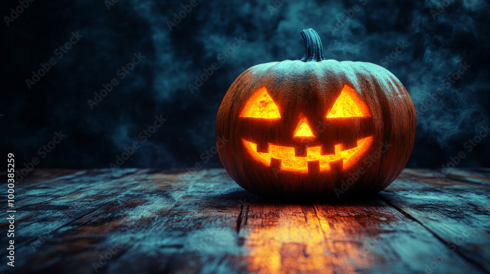A glowing jack-o'-lantern sits on a wooden table with a spooky fog in the background. A glowing jack-o'-lantern sits on a wooden table with a spooky fog in the background.