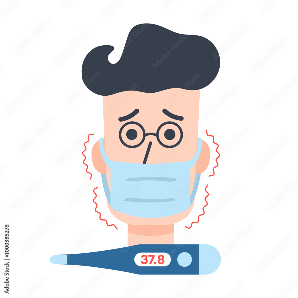 Fever Man, electric Thermometer. Chills, trembling. Sick brunette in glasses, medical Mask measured temperature. Virus, flu, infection. Disease indicator. Hospital device doctor. Vector illustration Fever Man, electric Thermometer. Chills, trembling. Sick brunette in glasses, medical Mask measured temperature. Virus, flu, infection. Disease indicator. Hospital device doctor. Vector illustration