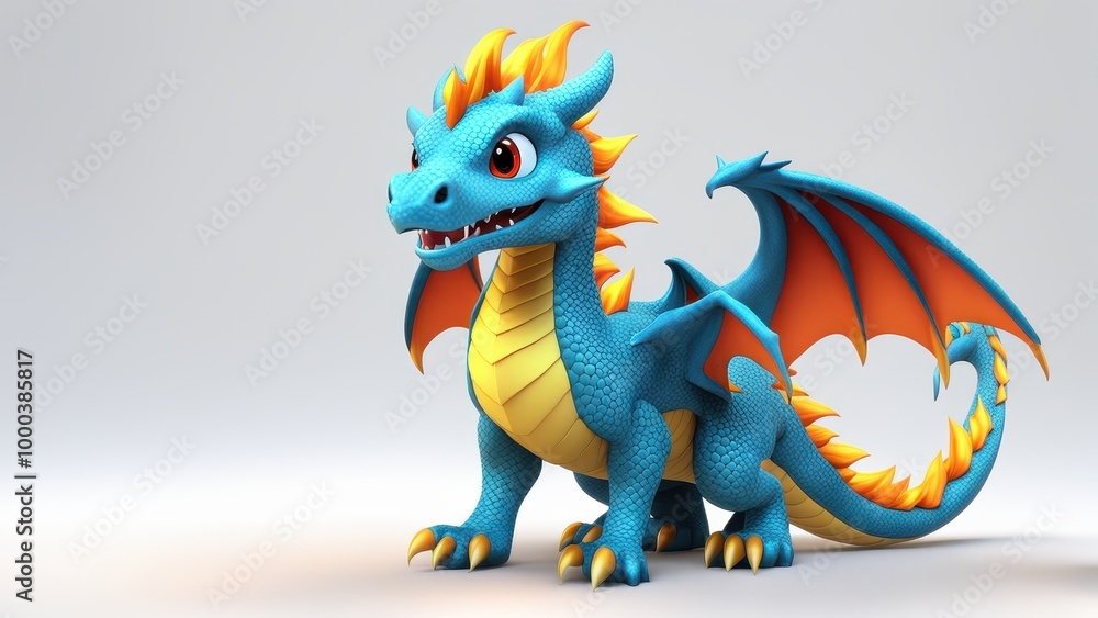 Fototapeta premium A vibrant blue dragon character with orange accents, designed for animation or gaming.