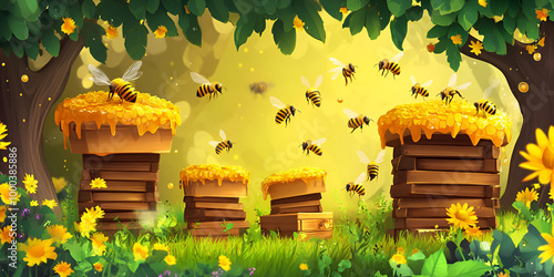 artoon Beehives in Flower Field photo