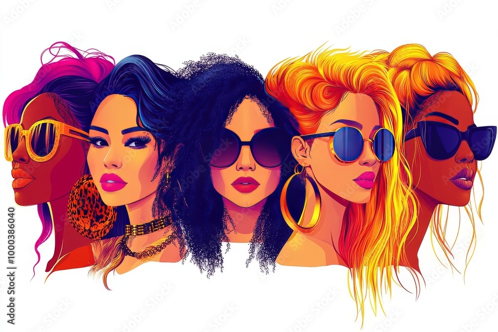 Obraz premium Vibrant portrait of women in sunglasses with bold hairstyles symbolizing confidence style and self expression in a modern pop art inspired design