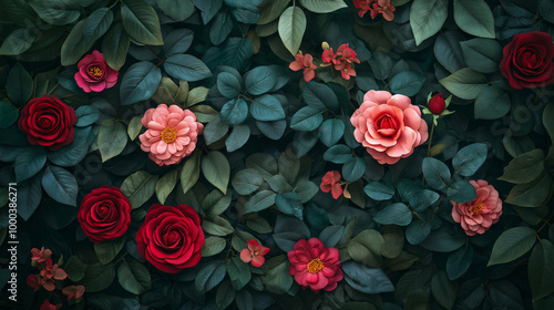 Pink and Red Roses with Dark Green Leaves on Floral Background