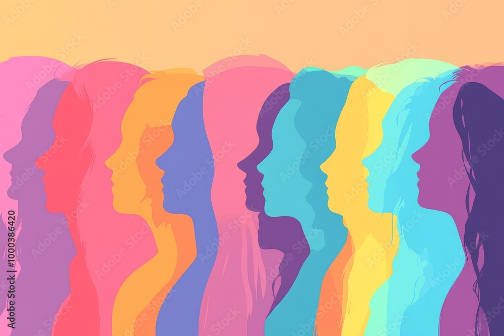 Side profile portrait of diverse men and women in a colorful vibrant illustration symbolizing unity diversity and individuality in a modern design Side profile portrait of diverse men and women in a colorful vibrant illustration symbolizing unity diversity and individuality in a modern design