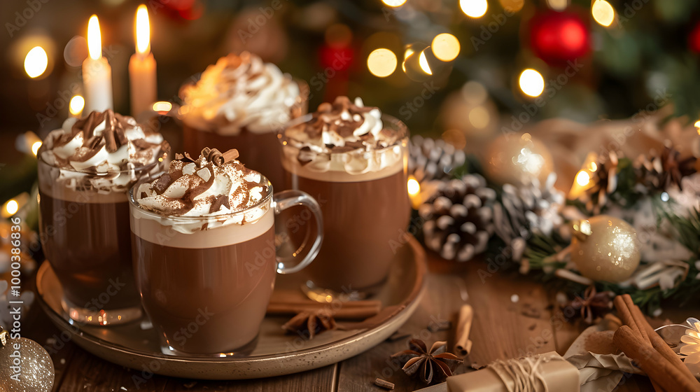 Fototapeta premium Elegant Christmas setting with three glasses of hot chocolate topped with whipped cream and chocolate shavings, lit by candlelight.