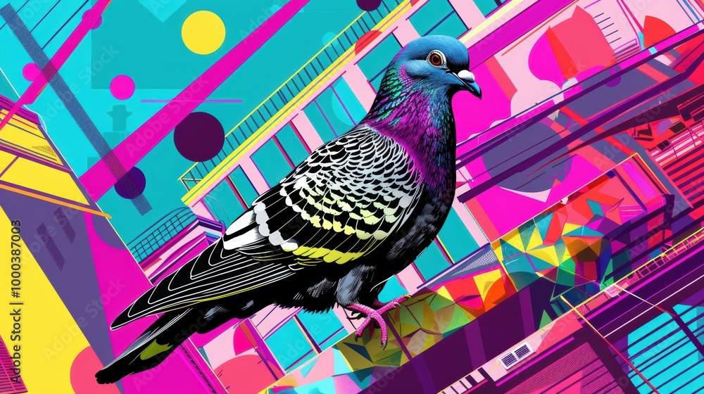 A vibrant, artistic illustration of a pigeon against a colorful abstract background featuring geometric patterns