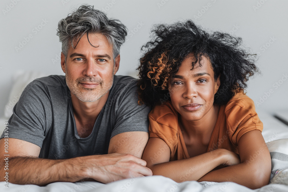 middle-aged interracial couple lying on a bed, showcasing love, comfort, and intimacy in their relationship, surrounded by soft bedding middle-aged interracial couple lying on a bed, showcasing love, comfort, and intimacy in their relationship, surrounded by soft bedding