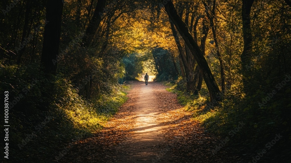 Obraz premium Solitary Figure Walking on a Path Through a Golden Autumn Forest