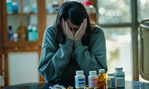 Depressed young woman with drug paraphernalia on the table, illustrating the pain of addiction and suicidal thoughts.