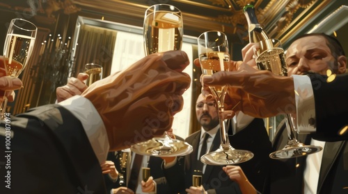A businessman clinks champagne glasses to celebrate financial success with an elite team