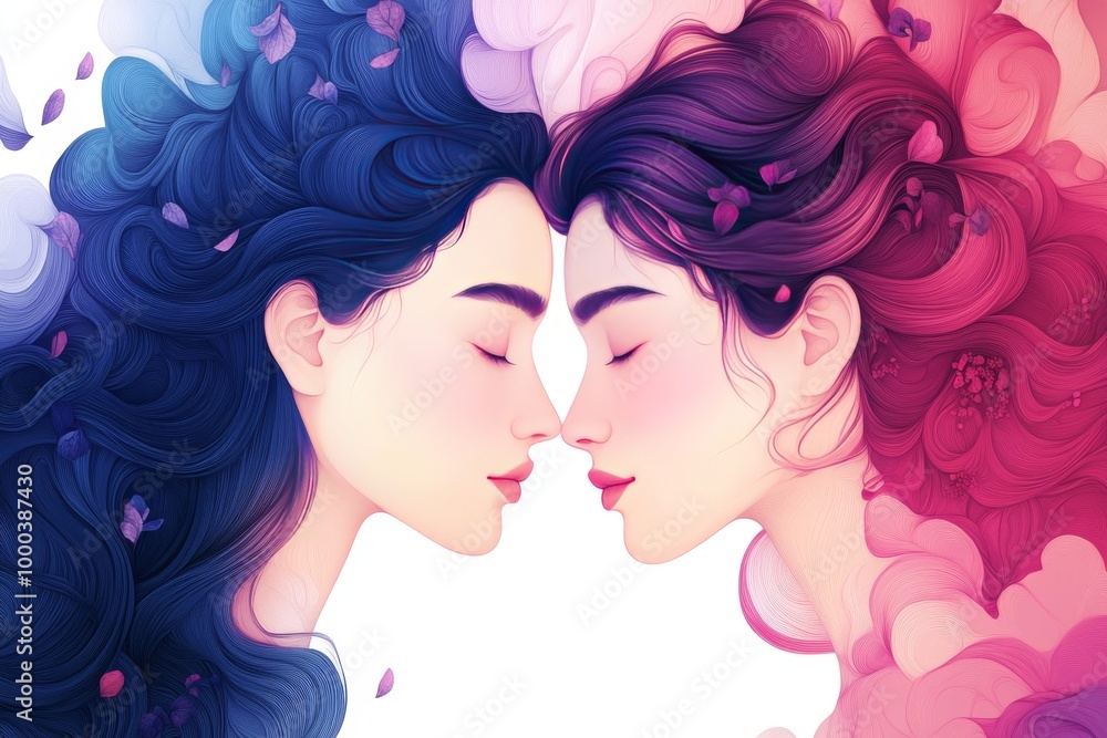 Dreamy illustration of two women kissing surrounded by abstract colorful clouds symbolizing love connection and intimacy in a vibrant surreal design Dreamy illustration of two women kissing surrounded by abstract colorful clouds symbolizing love connection and intimacy in a vibrant surreal design