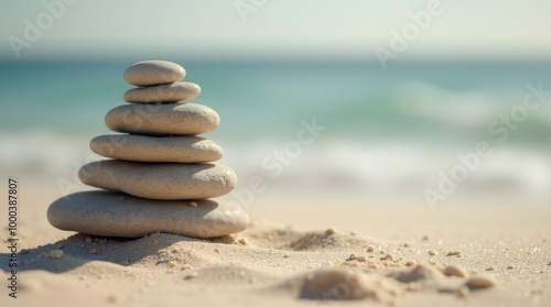 Balanced stack of stones on a tranquil beach with the ocean and sky in the background