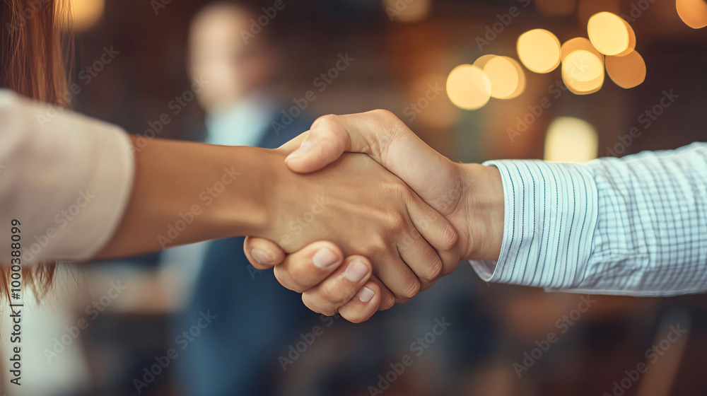 Business people shaking hands in the lobby of an office building, making a deal Business people shaking hands in the lobby of an office building, making a deal