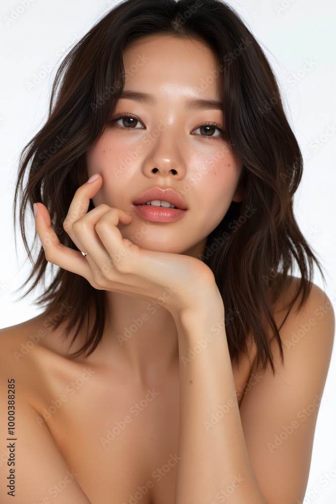 Beautiful young Asian woman with glowing skin strikes a pose on a neutral background, Skincare, beauty and wellness, stylishly arranged voluminous hair, seated at a table, realistic skin texture Beautiful young Asian woman with glowing skin strikes a pose on a neutral background, Skincare, beauty and wellness, stylishly arranged voluminous hair, seated at a table, realistic skin texture