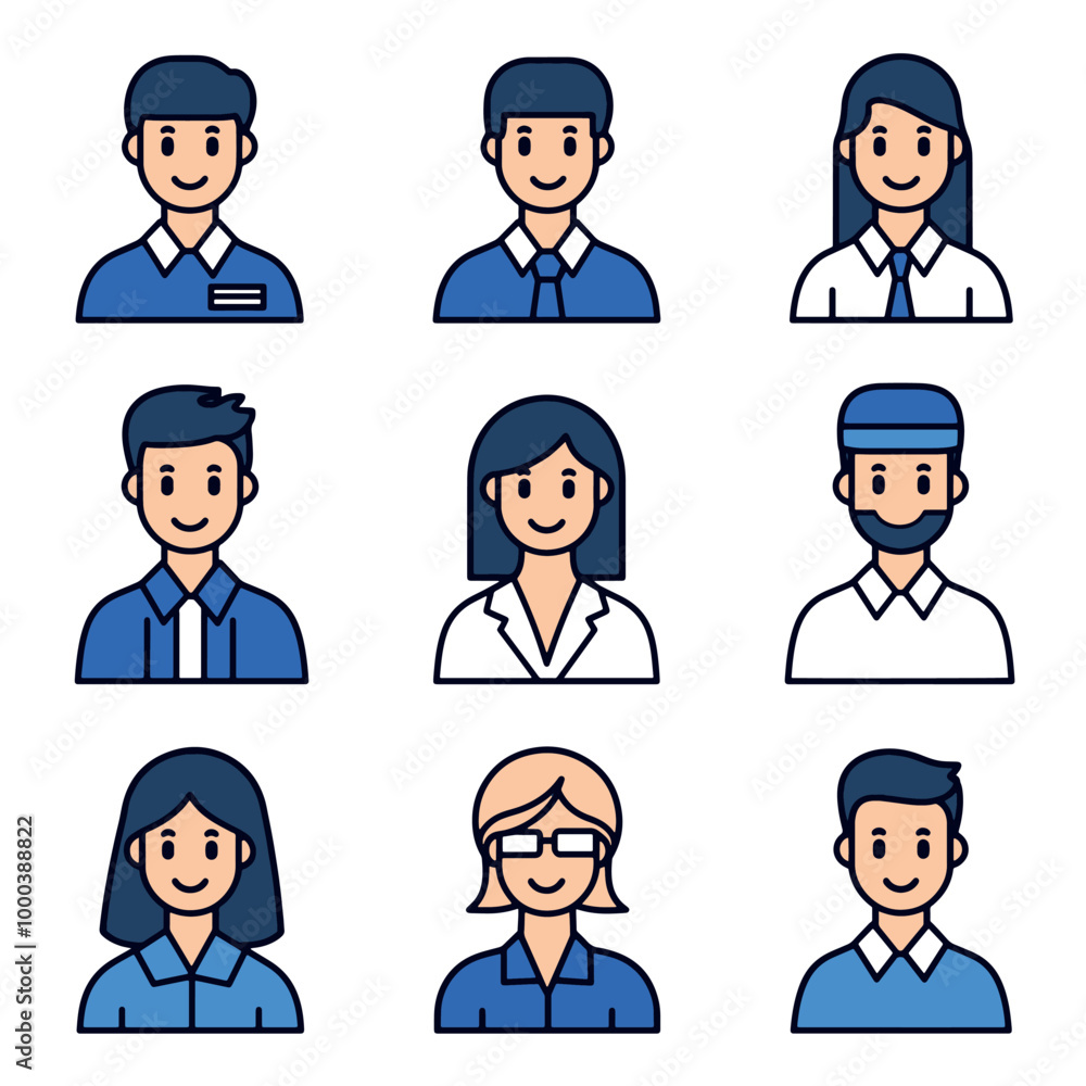 A set of nine different avatars in a minimalist line art style with blue and white accents.