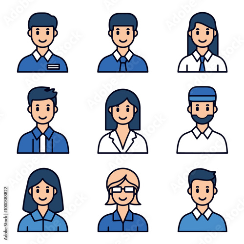 Obraz na płótnie A set of nine different avatars in a minimalist line art style with blue and white accents. w salonie