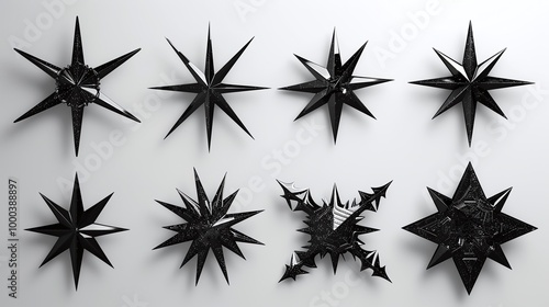 A diverse collection of black star vector icons showcasing various intricate geometric designs and abstract patterns, ideal for creative projects, graphic design, and branding.