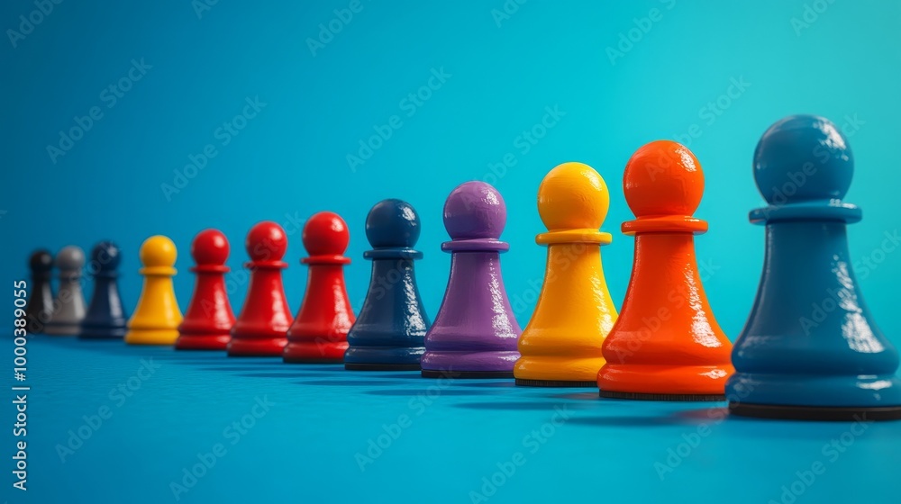 A row of colorful chess pieces on a blue background A row of colorful chess pieces on a blue background
