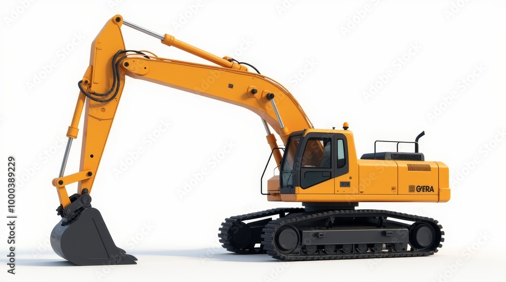 Yellow excavator isolated on a white background, a heavy construction machine with a hydraulic shovel and wheels Yellow excavator isolated on a white background, a heavy construction machine with a hydraulic shovel and wheels